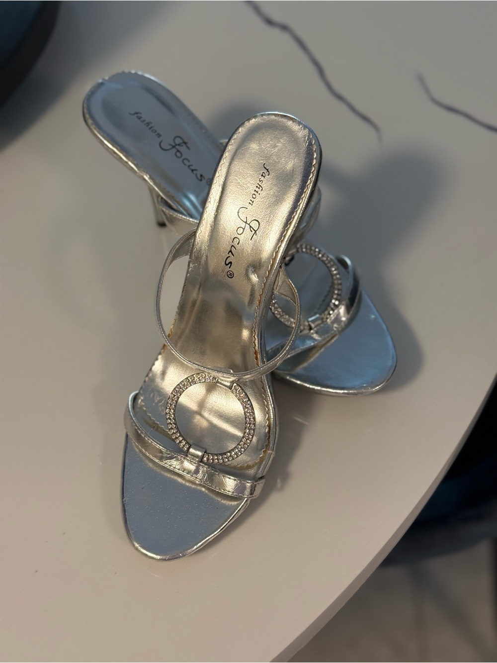 Silver Rhinestone Ring Heel Sandals - Picture 3 of 5